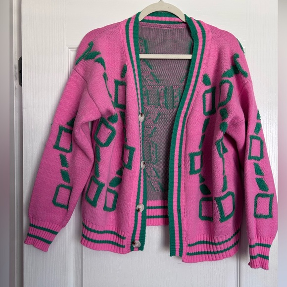 Sweaters - Pink and Green Geometric Pattern Sweater